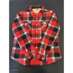 Eddie Bauer Sherpa-Lined Red Black Plaid Flannel Snap Shirt Jacket Kids 14/16